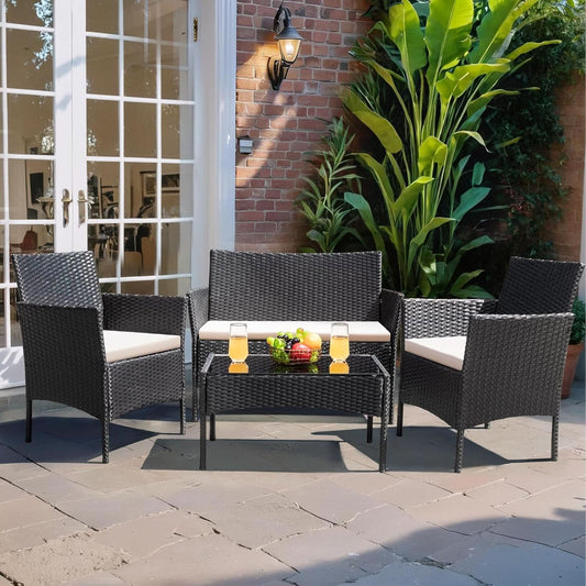 Four-Piece Wicker Patio Conversation Set, Black & Beige