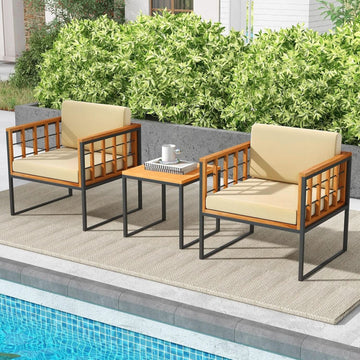 Three-Piece Acacia Wood Patio Chair Set with Cushioned Seats, Beige