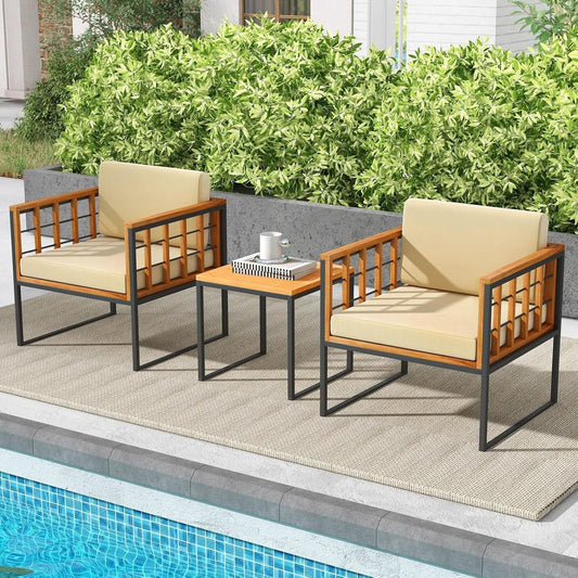 Three-Piece Acacia Wood Patio Chair Set with Cushioned Seats, Beige