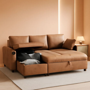 Brown Leather Sleeper Sofa with Storage Chaise