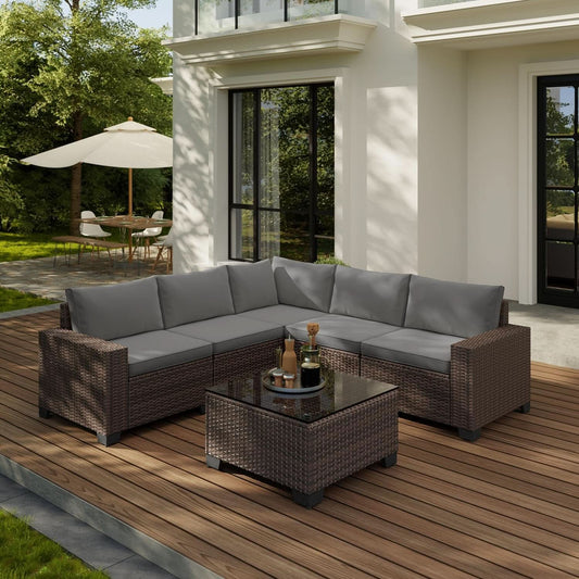 6-Piece Wicker Outdoor Sectional Sofa Set with Cushions