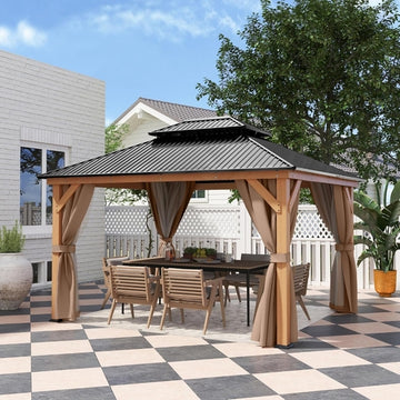 11x13 Wood Gazebo with Galvanized Steel Hardtop, Curtains & Netting