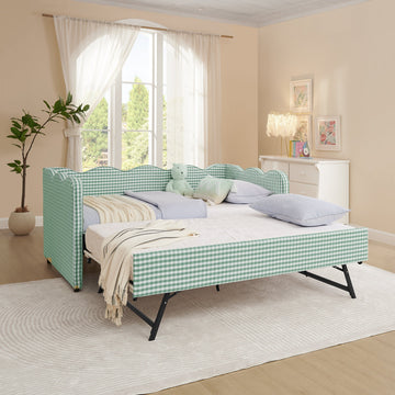 Cozy Gingham Daybed with Trundle Twin Size Sofa Bed in Cyan Linen