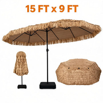 15x9 ft Double-Sided Tiki Patio Umbrella with Weighted Base