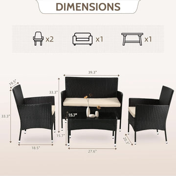 Outdoor Rattan 4 Piece Patio Furniture Conversation Set