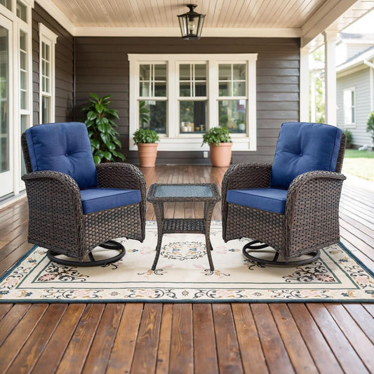 Wicker Swivel Rocker Chairs Set of 2 with Glass-Top Side Table