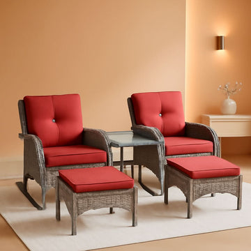 5 Piece Patio Rocking Chairs Set With Wicker Ottomans