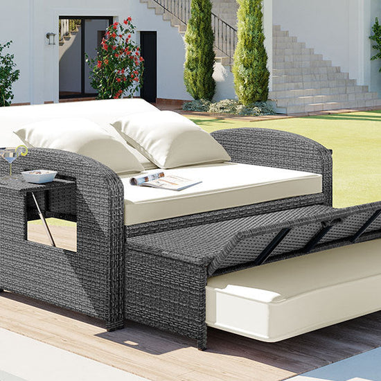 Wicker Double Chaise Lounge — two-person reclining wicker loungers with cushions and middle table