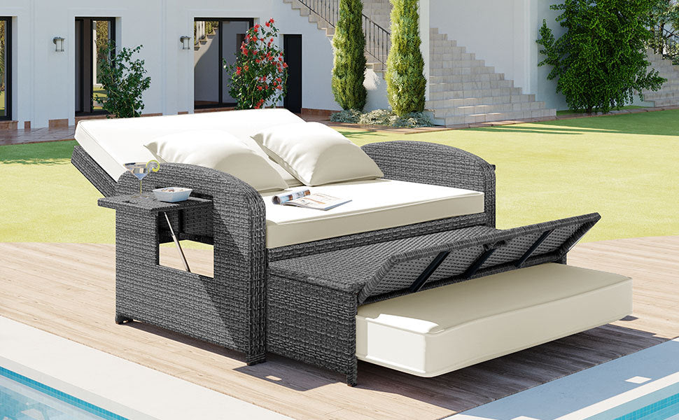 Wicker Double Chaise Lounge — two-person reclining wicker loungers with cushions and middle table