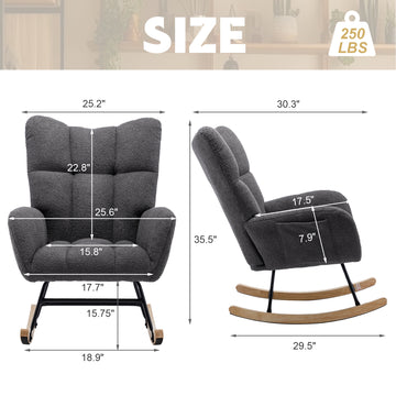 Teddy Fleece Wingback Glider Rocker with Side Storage Pocket, Grey