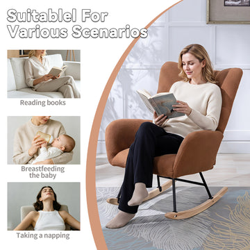 Teddy Fabric Wingback Glider Rocker with Side Storage Pocket, Brown