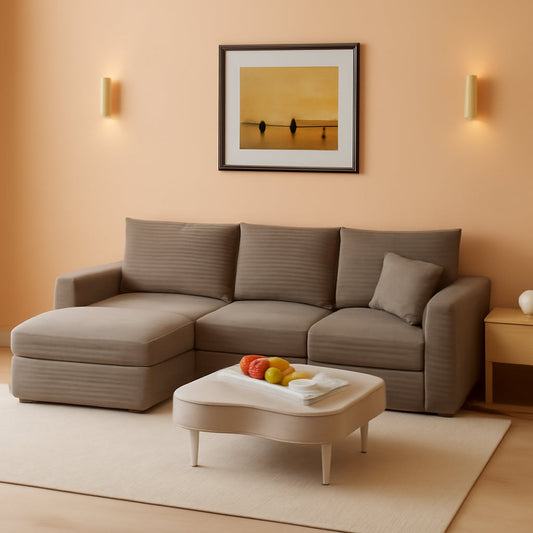 Brown corduroy 95-inch cloud modular sleeper sectional in a warm living room