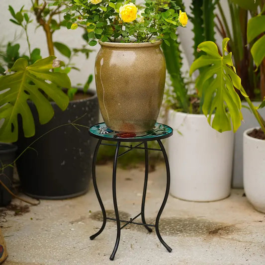 Floral Patio Side Table, Small Outdoor Glass End Table