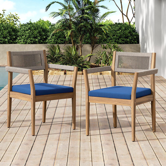 Braided Acacia Wood Outdoor Dining Chairs Set Of 2 -Teak Look With Beige Rope & Navy Cushions, All-Weather Patio Furniture For Garden, Poolside, And Backyard  Durable & Stylish