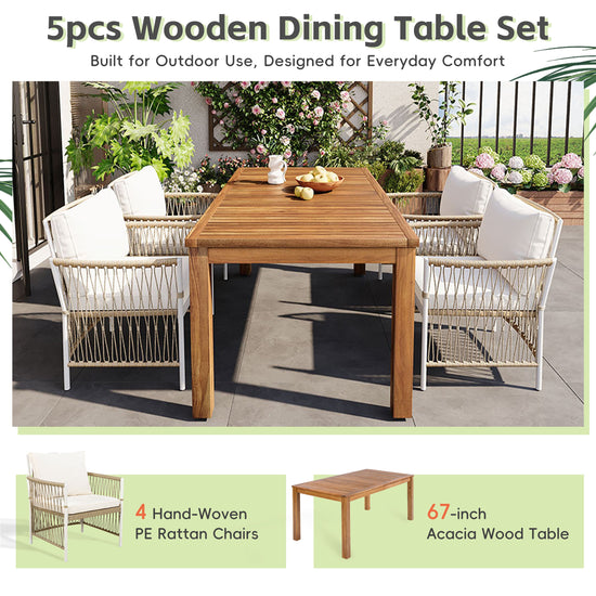 Acacia Outdoor Dining Set — 5-piece with 67-inch acacia wood table and four cushioned rattan chairs