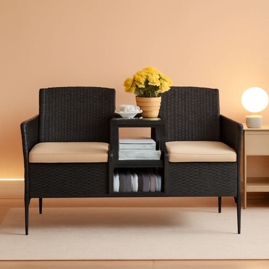 Outdoor Patio 2 Seat Loveseat Set With Built Table Beige