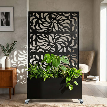 Leaf Pattern Metal Privacy Screen with Built-In Planter Box