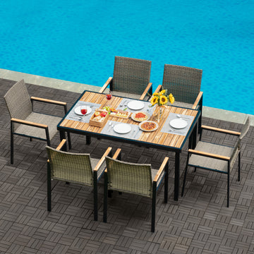 7-Piece Acacia & Wicker Patio Dining Set with Umbrella Hole