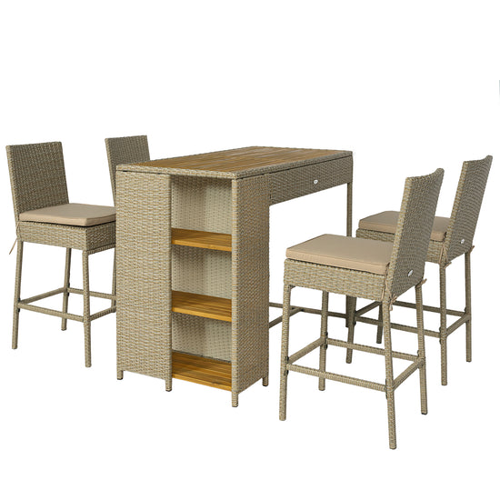 Wicker Bar Set — 5-piece with slatted acacia bar table and four cushioned wicker barstools