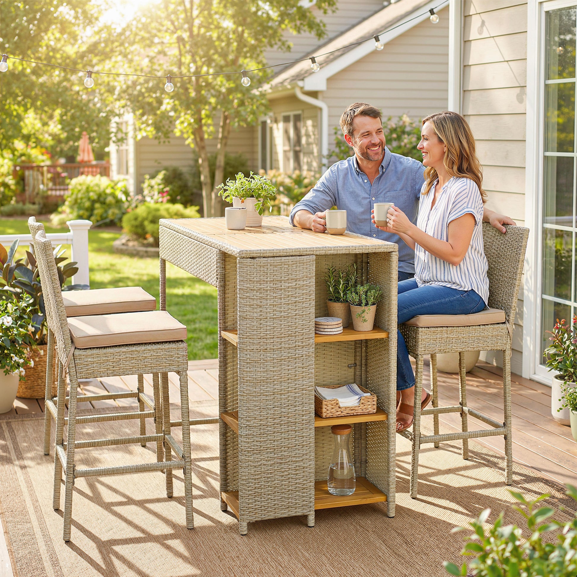 Wicker Bar Set — 5-piece with slatted acacia bar table and four cushioned wicker barstools