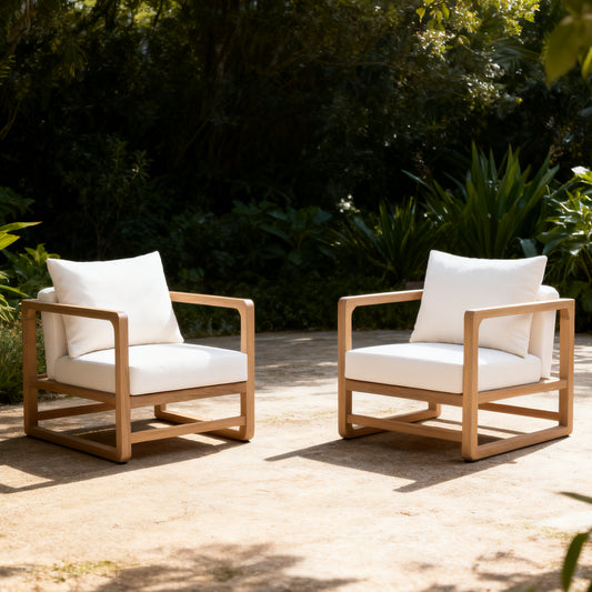 Acacia Wood Club Chair with Beige Cushion Set