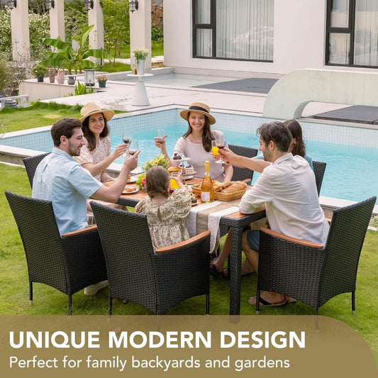 7-Piece Patio Dining Set, Acacia Wood Table & Black Rattan Chairs