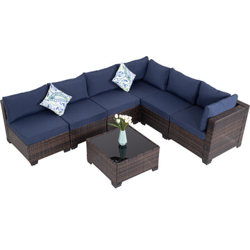 7-Piece Wicker Rattan Sectional Sofa Set with Glass Table