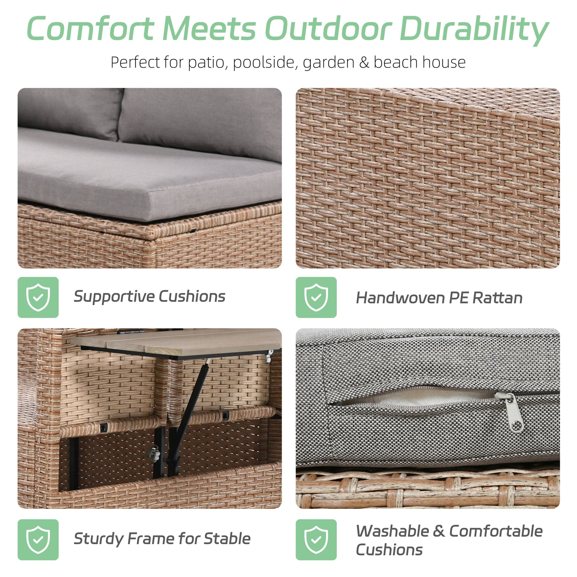 Rattan L-Shaped Patio Sectional — 5-piece outdoor wicker sectional sofa set with cushions