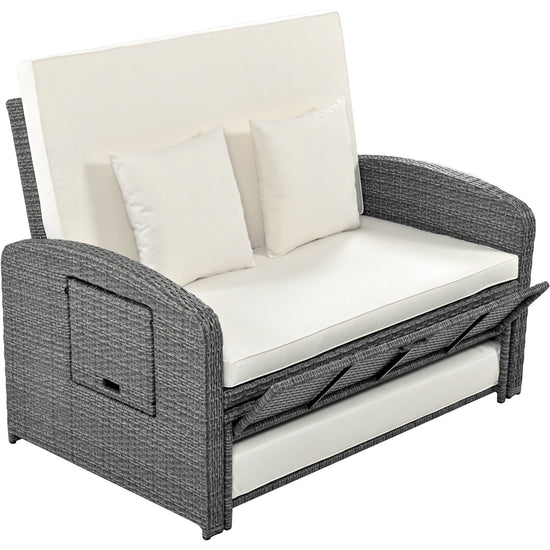 Wicker Double Chaise Lounge — two-person reclining wicker loungers with cushions and middle table