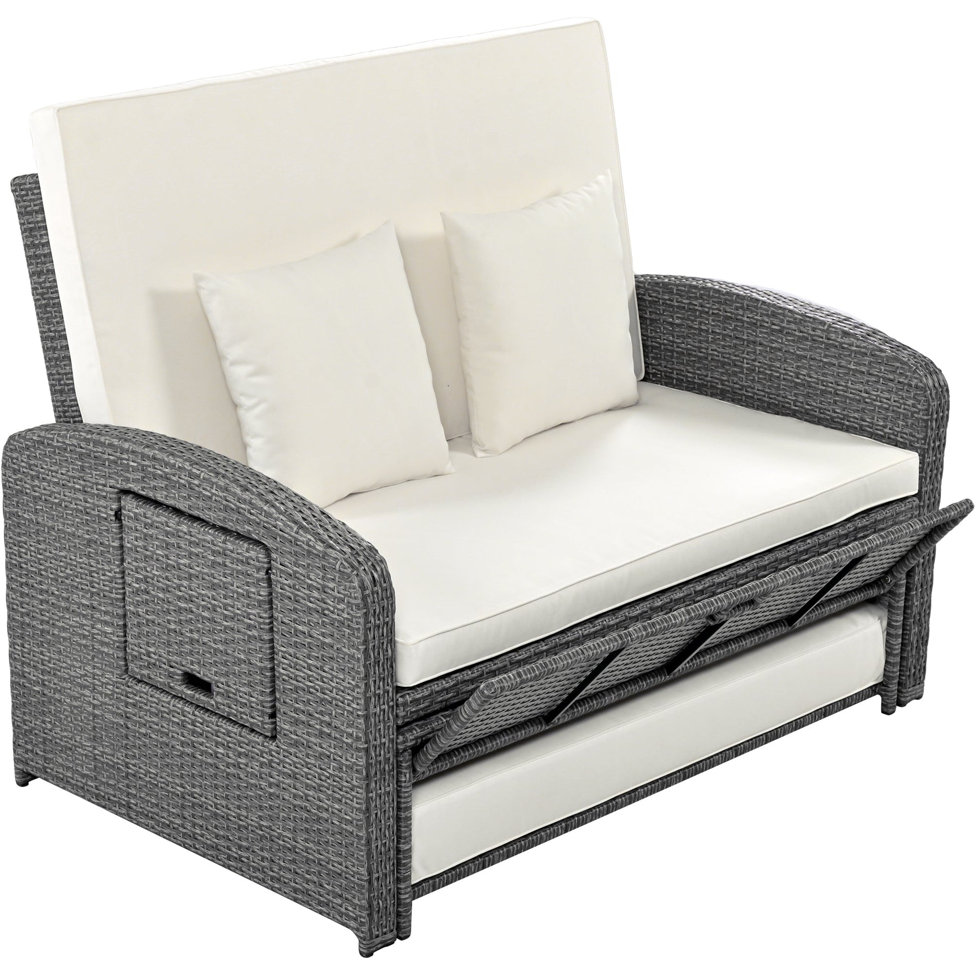 Wicker Double Chaise Lounge — two-person reclining wicker loungers with cushions and middle table