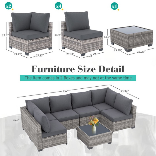 7-Piece Modular Wicker Sectional Set with Glass Table
