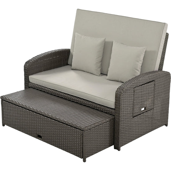 Wicker Double Chaise Lounge — two-person reclining wicker loungers with cushions and middle table