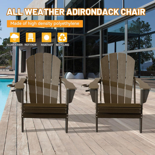 Folding Adirondack Chairs with Cup Holders, Set of 2 — Brown