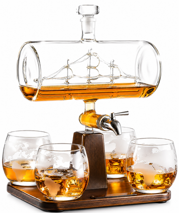 Antique Ship Decanter Set with Stopper and Wood Display Stand