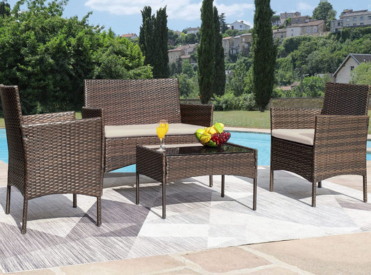 4 Piece Wicker Patio Set With Glass Table Beige Cushions