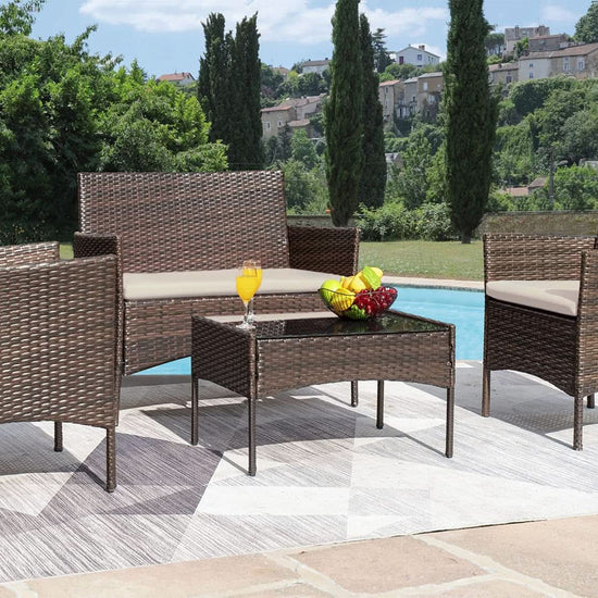 4 Piece Wicker Patio Set With Glass Table Beige Cushions-2