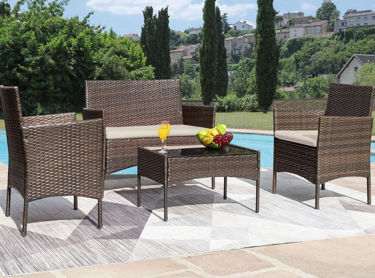 4 Piece Wicker Patio Set With Glass Table Beige Cushions-2