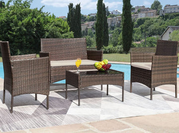 4 Piece Wicker Patio Set With Glass Table Beige Cushions-2