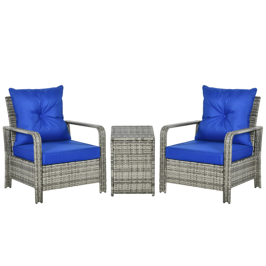 Rattan Bistro Set — 2 Armchairs & Storage Coffee Table, Blue Cushions