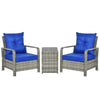 Rattan Bistro Set — 2 Armchairs & Storage Coffee Table, Blue Cushions