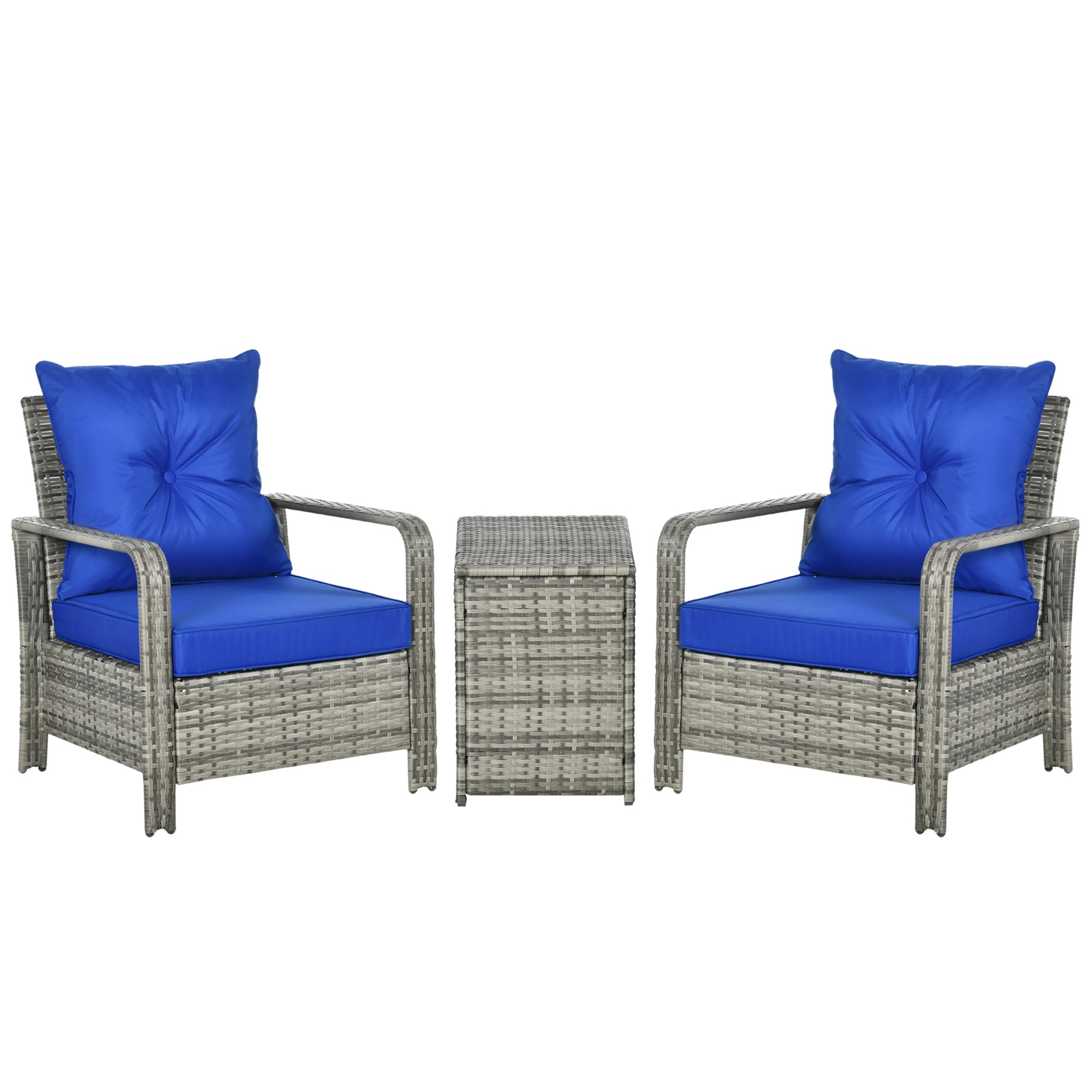 Rattan Bistro Set — 2 Armchairs & Storage Coffee Table, Blue Cushions