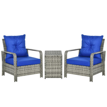 Rattan Bistro Set — 2 Armchairs & Storage Coffee Table, Blue Cushions