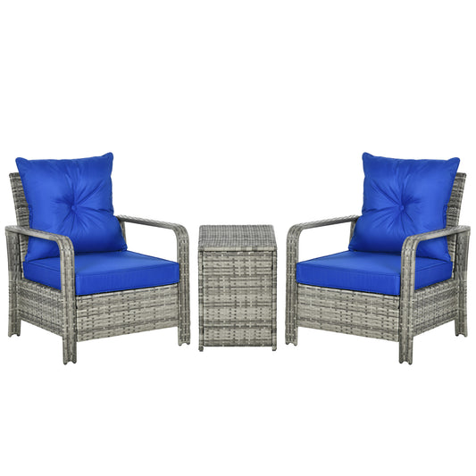 Rattan Bistro Set — 2 Armchairs & Storage Coffee Table, Blue Cushions