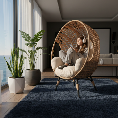 Arc-Back Hanging Egg Chair with 8-Inch Cushion, PE Rattan