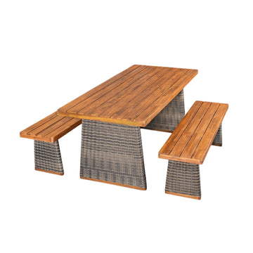 3-Piece Acacia Wood Outdoor Dining Set with Handwoven Rattan Legs
