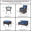 Six-Piece Patio Conversation Set, Brown Wicker with Blue Cushions