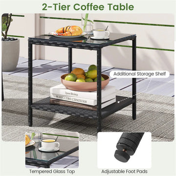3-Piece PE Wicker Bistro Set with 2-Tier Glass Side Table, White