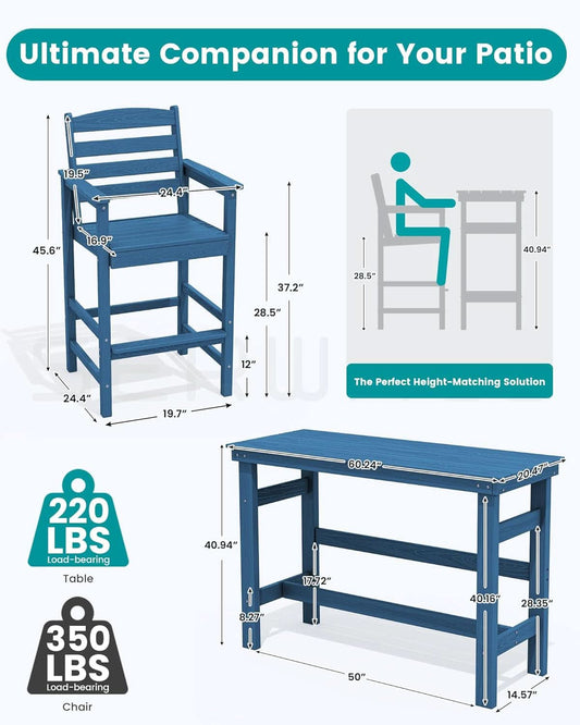 Adirondack Outdoor Bar Table and Chairs Set, Blue
