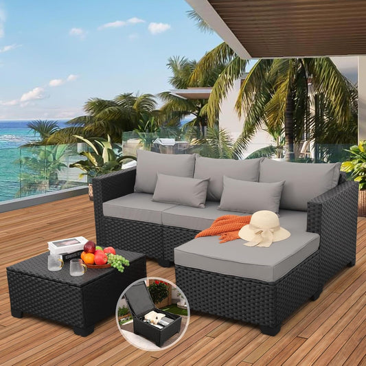 3-Piece Wicker Outdoor Sectional With Ottoman and Storage