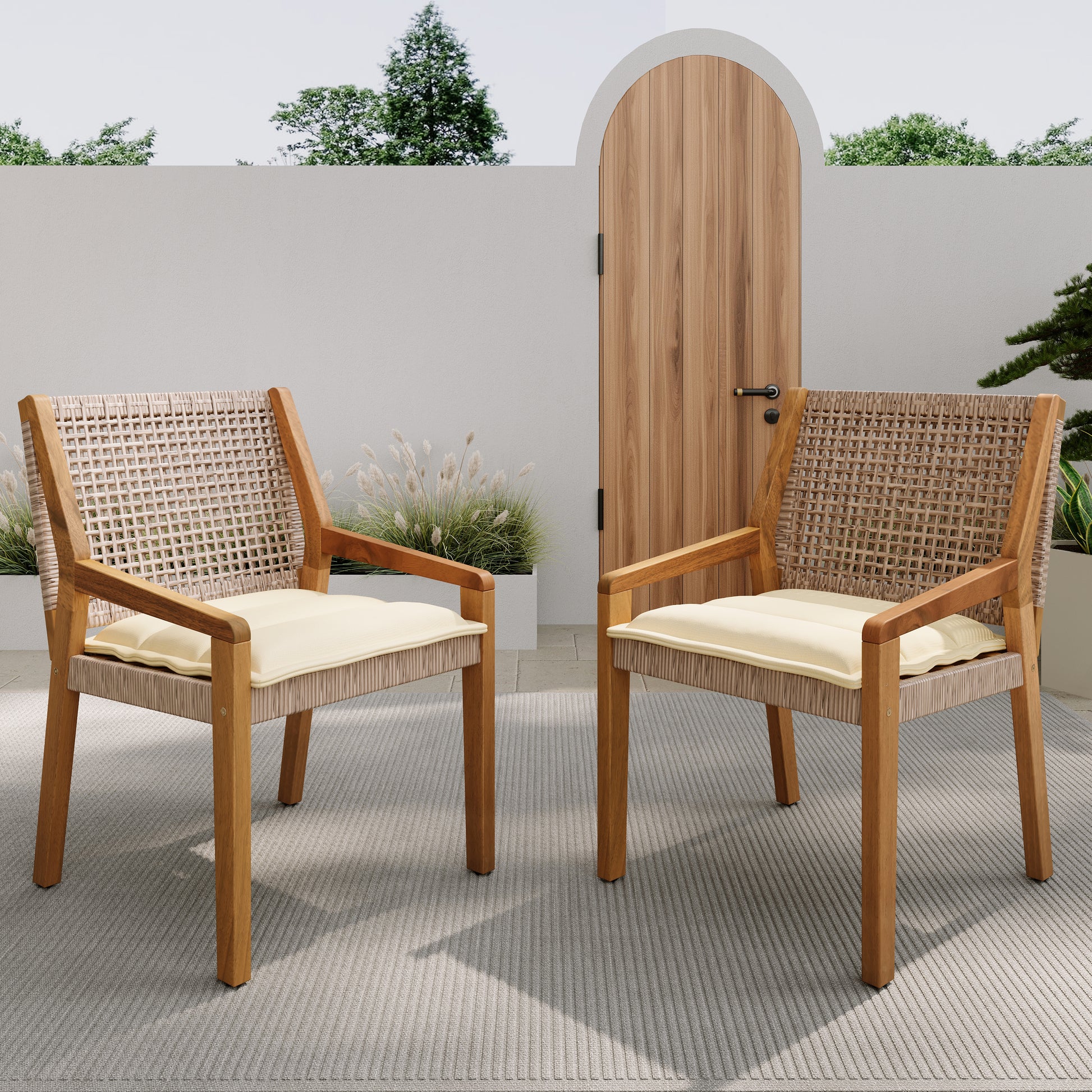 Acacia & Wicker Outdoor Dining Chairs with Cushions — Set of 2